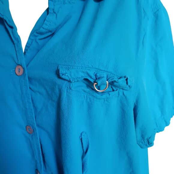 1X Women's Vintage Mom Top Erika Turquoise Button-Down Cotton 1990's - Picture 3 of 5